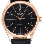 Swiss Rolex Cellini Time Rose Gold Case Black Dial Black Leather Bracelet   622656