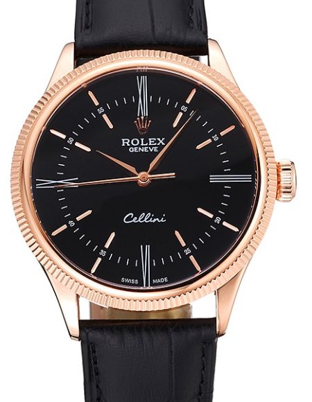 Swiss Rolex Cellini Time Rose Gold Case Black Dial Black Leather Bracelet   622656