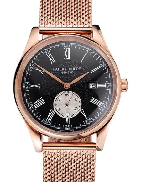Patek Philippe Calatrava Small Seconds Black Engraved Dial Rose Gold Case And Bracelet