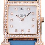 Hermes Heure H Rose Gold Diamond Encrusted Bezel Blue Leather Strap White Dial 80238