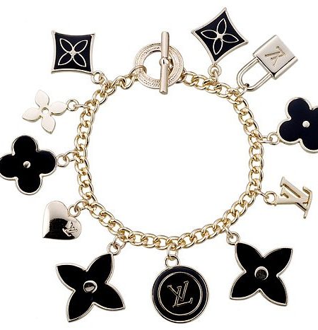 Louis Vuitton Replica Black Enameled Classic LV Monogram Gold Charm Bracelet 2165-86