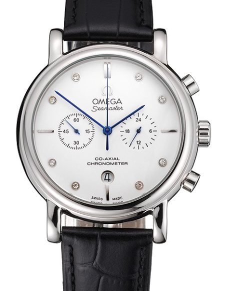 Omega Seamaster Vintage Chronograph White Dial Diamond Hour Marks Stainless Steel Case Black Leather Strap