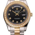 Swiss Rolex Day-Date Black Dial Gold Diamond Case Two Tone Stainless Steel Bracelet 1453975