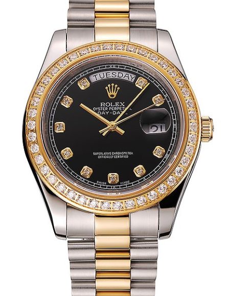 Swiss Rolex Day-Date Black Dial Gold Diamond Case Two Tone Stainless Steel Bracelet 1453975