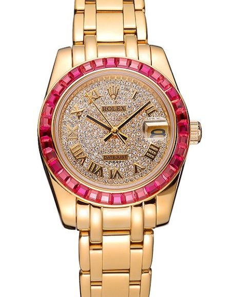 Rolex Datejust Diamond Dial Pink Jewels Bezel Gold Case And Bracelet  622835