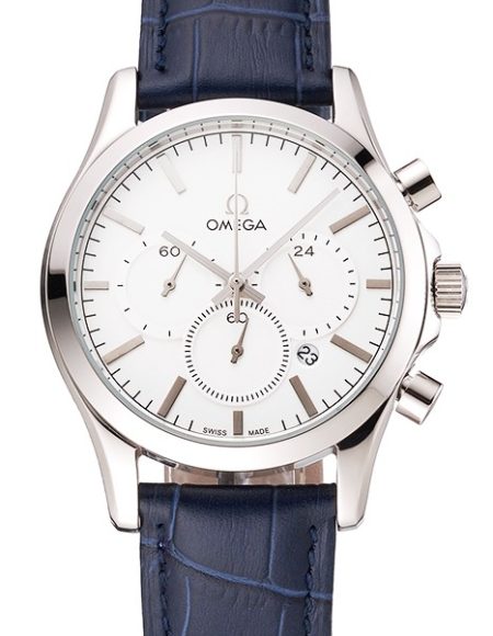 Omega Chronograph White Dial Stainless Steel Case Blue Leather Strap