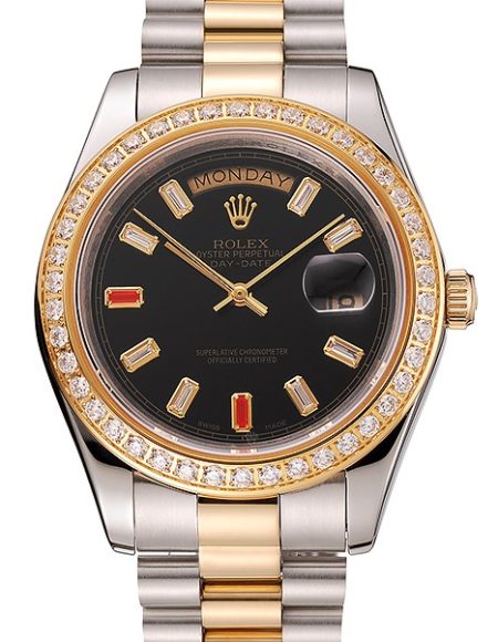 Swiss Rolex Day-Date Diamonds And Rubies Black Dial Two Tone Bracelet 1454105