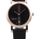 Gucci Polished Rose Gold Bezel Black Dial Black Leather Strap