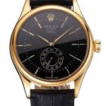 Swiss Rolex Cellini Black Dial Gold Case Black Leather Strap