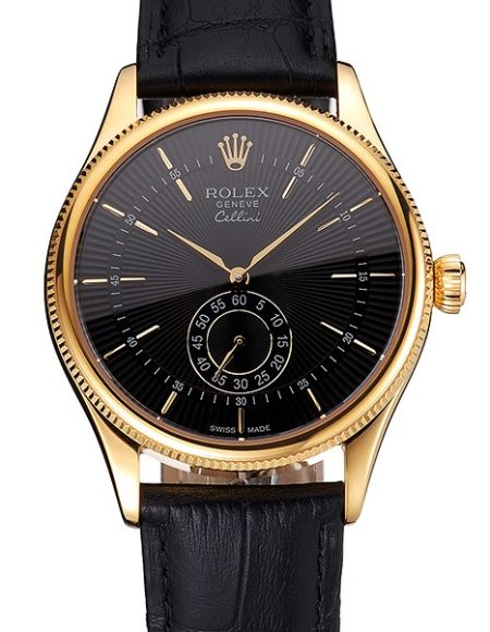 Swiss Rolex Cellini Black Dial Gold Case Black Leather Strap