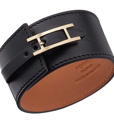 Hermes Hapi Wide Black Leather Gold Hardware Bracelet 700600