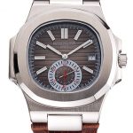 Patek Philippe Nautilus Gray Dial Stainless Steel Case Brown Leather Strap