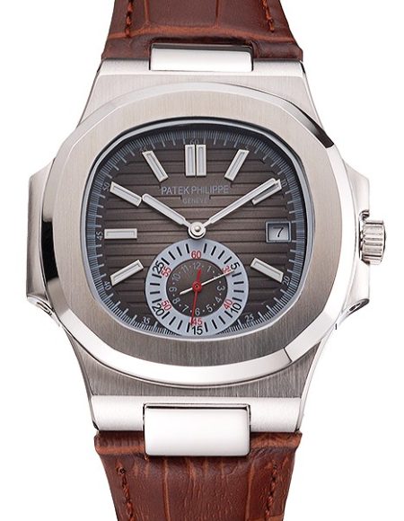 Patek Philippe Nautilus Gray Dial Stainless Steel Case Brown Leather Strap