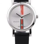 Gucci Small Polished Stainless Steel Bezel White Dial Black Leather Strap