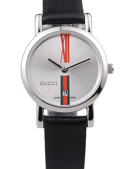 Gucci Small Polished Stainless Steel Bezel White Dial Black Leather Strap