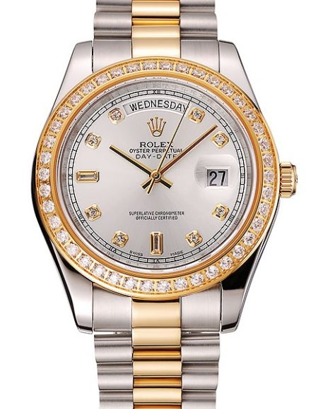 Swiss Rolex Day-Date White Dial Gold Diamond Case Two Tone Stainless Steel Bracelet 1453972