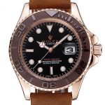 Rolex Yacht Master Black Dial Brown Bezel Rose Gold Case Brown Leather Bracelet 1453860