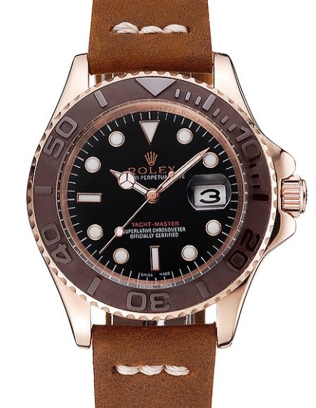Rolex Yacht Master Black Dial Brown Bezel Rose Gold Case Brown Leather Bracelet 1453860