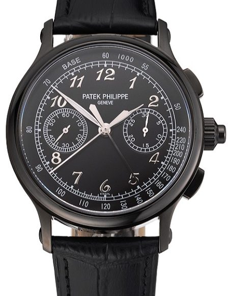 Swiss Patek Philippe Split Seconds Chronograph Black Dial Black Case Black Leather Strap