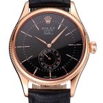 Swiss Rolex Cellini Black Dial Rose Gold Case Black Leather Strap