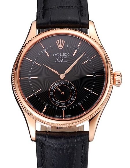 Swiss Rolex Cellini Black Dial Rose Gold Case Black Leather Strap