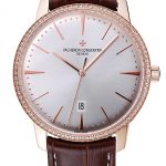 Swiss Vacheron Constantin Patrimony White Dial Rose Gold Diamonds Case Brown Leather Bracelet  1454170