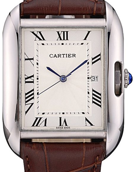 Cartier Tank Anglaise 36mm White Dial Stainless Steel Case Brown Leather Bracelet