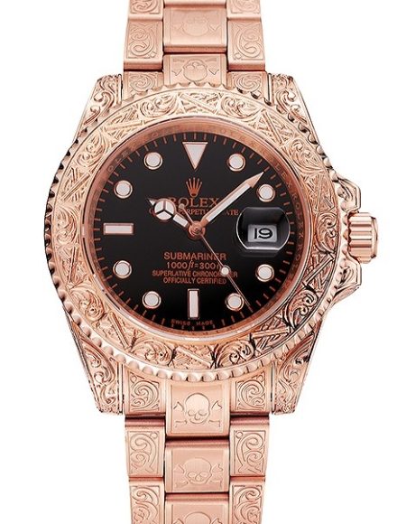 Swiss Rolex Submariner Skull Limited Edition Black Dial Rose Gold Case And Bracelet 1454086