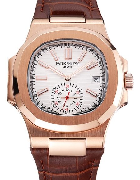 Patek Philippe Nautilus White Dial Rose Gold Case Brown Leather Strap