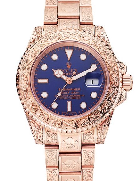 Swiss Rolex Submariner Skull Limited Edition Blue Dial Rose Gold Case And Bracelet 1454085
