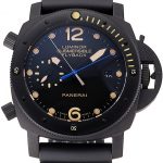 Panerai Luminor Submersible Flyback Date Black Dial Yellow Markings Black Ionized Case Black Rubber Strap