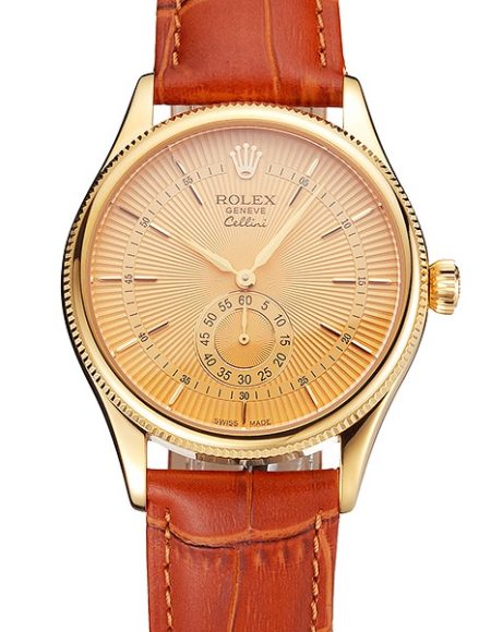Swiss Rolex Cellini Gold Dial Gold Case Light Brown Leather Strap