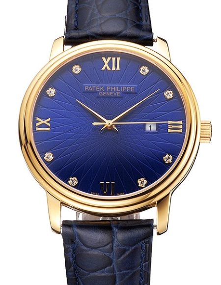 Patek Philippe Calatrava Date Blue Embossed Dial Gold Case Blue Leather Strap