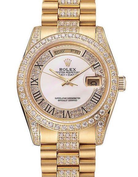 Swiss Rolex Day-Date Diamond Pave White Dial Gold Diamond Bracelet 1453958