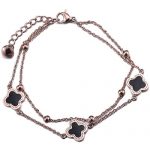 Van Cleef and Arpels Replica Black Enamel Stud Floral Charm Double Fine Link Chain Bracelet