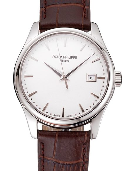 Swiss Patek Philippe Calatrava White Dial Stainless Steel Case Brown Leather Strap