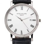 Patek Philippe Calatrava White Dial Roman Numerals Ribbed Bezel Stainless Steel Case Black Leather Strap