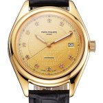 Swiss Patek Philippe Calatrava Gold Dial Diamond Markings Gold Case Black Leather Strap