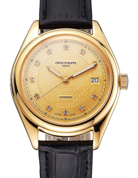 Swiss Patek Philippe Calatrava Gold Dial Diamond Markings Gold Case Black Leather Strap