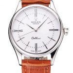 Swiss Rolex Cellini White Dial Roman Numerals Stainless Steel Case Light Brown Leather Strap