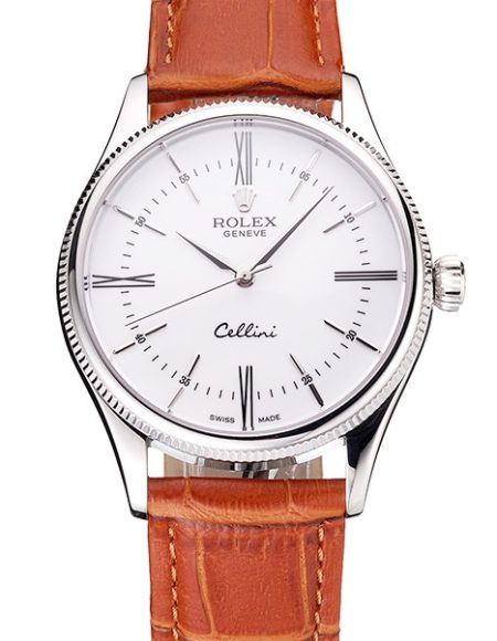 Swiss Rolex Cellini White Dial Roman Numerals Stainless Steel Case Light Brown Leather Strap
