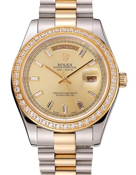 Swiss Rolex Day-Date Champagne Dial Diamond Bezel Two Tone Bracelet 1454103