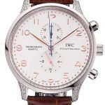 IWC Portugieser Chronograph White Dial Rose Gold Hands And Numerals Steel Case With Diamonds Brown Leather Strap