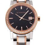 Burberry The City Black Dial Rose Gold Diamond Bezel Stainless Steel Case Two Tone Bracelet