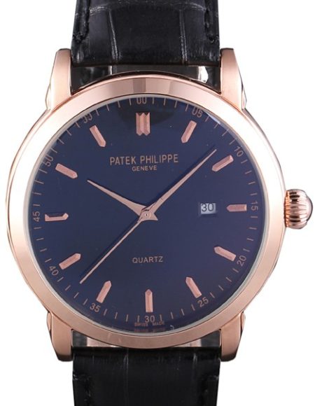 Patek Philipe Calatrava Roze Gold Polished Bezel Black Leather Bracelet 801432