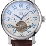 Patek Philippe Grand Complications Stainless Steel Case White Dial Roman Numerals Brown Leather Bracelet 622257