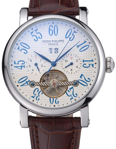 Patek Philippe Grand Complications Stainless Steel Case White Dial Roman Numerals Brown Leather Bracelet 622257