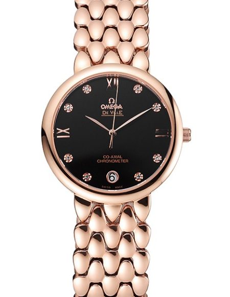 Omega De Ville Prestige Black Dial With Diamonds Rose Gold Case And Bracelet