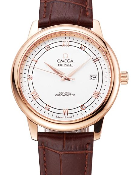 Omega De Ville Prestige White Dial Rose Gold Case Brown Leather Strap