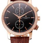 Swiss Vacheron Constantin Patrimony Traditionnelle Chronograph Black Dial Diamond Bezel Rose Gold Case Brown Leather Strap 1453765